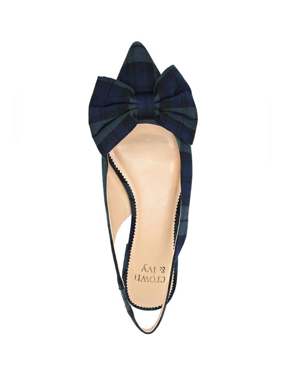 crown & ivy Navy and Green Plaid Pointed Bow Slingback Flats